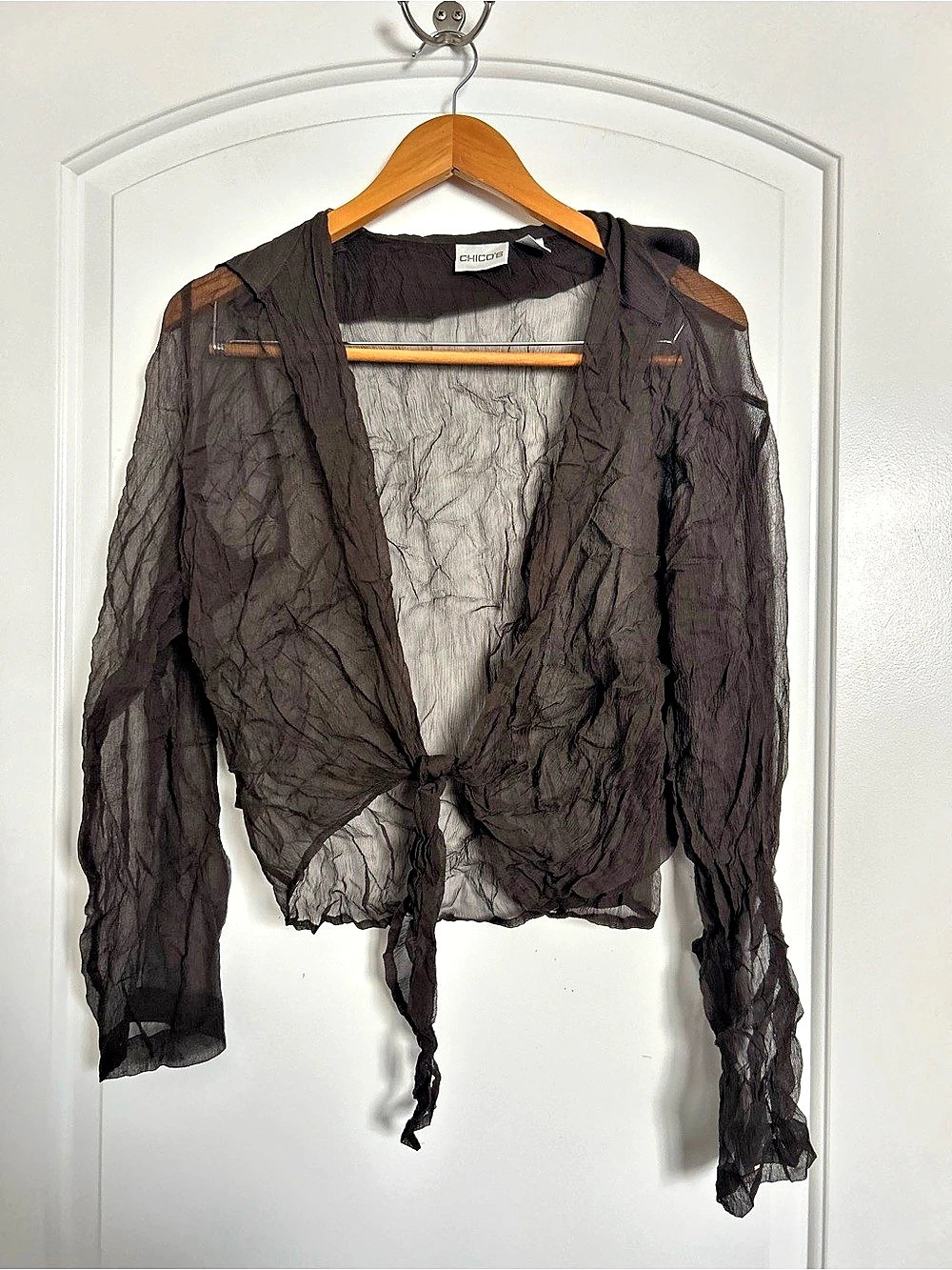 Chico's 100% Silk Sheer Tie-Front Blouse Chocolate Brown Size M 90s Chic Fall